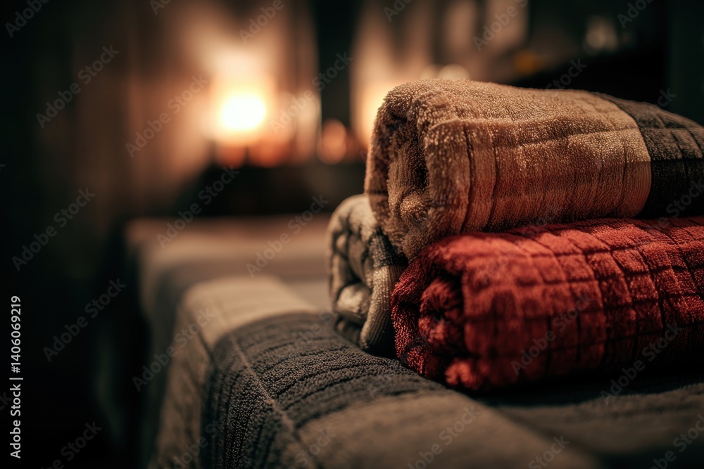 Poster a close-up of stacked and neatly folded towels in a spa or hotel setting evokes relaxation and comfo