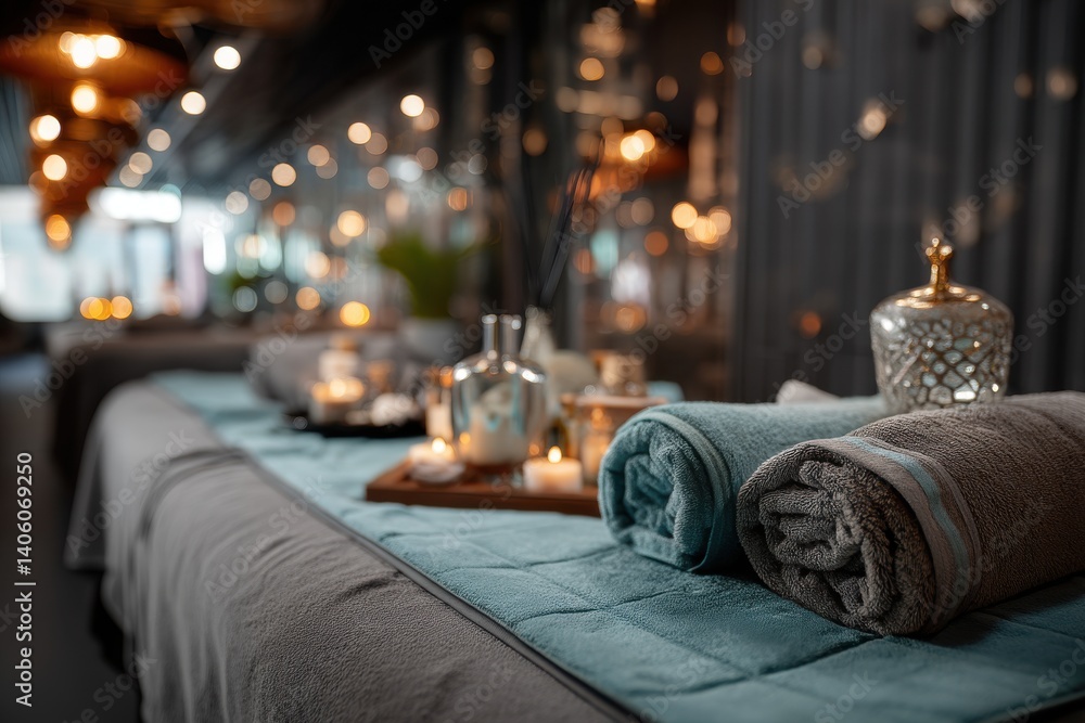 Aufkleber an inviting spa setting with rolled towels and soft lighting, creating a relaxing and luxurious atmo