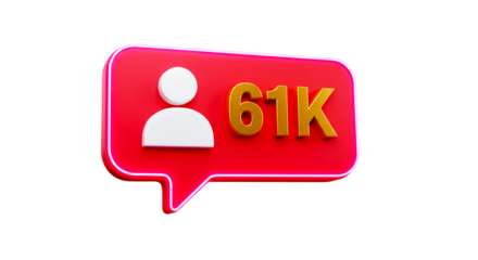 A red notification bubble with a white person icon and golden text saying sixty one k on a black background