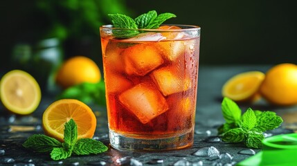 Refreshing Iced Beverage with Mint and Citrus Garnish Perfect for Summer Drinks Chilled Glass