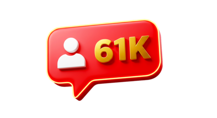 A red speech bubble with a white user icon and gold text reading sixty one k on a black background