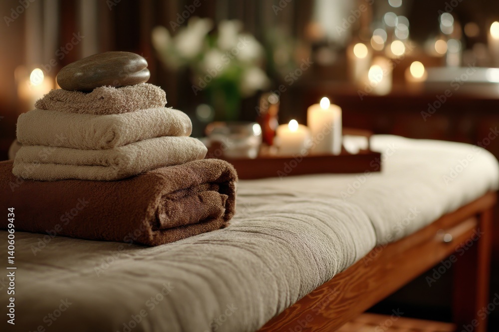 Aufkleber a serene spa setting showcasing a stack of soft towels topped with a smooth stone, accompanied by ca