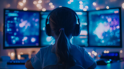Obraz premium Modern Entertainment: Girl immersed in digital world, gaming on multiple screens with headset, lit by blue light and warm string lights.