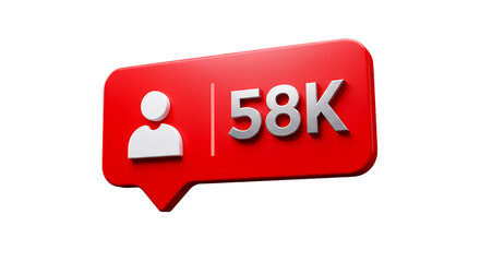 A red notification icon with a person icon and the number fifty eight k on a black background render