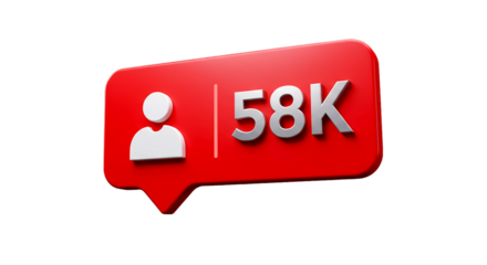 A red notification icon with a person icon and the number fifty eight k on a black background render