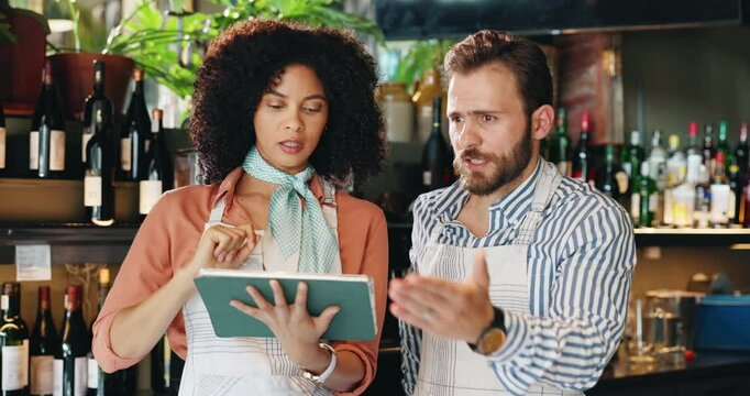 Tablet, team and owner with people in cafe for inventory checklist, restaurant review and small business update. Customer experience, critic and menu rating with man, woman and coffee shop app
