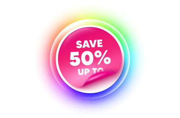 Discount sticker rainbow gradient. Paper offer price tag. Save up to 50 percent tag. Discount Sale offer price sign. Special offer symbol. Sticker label. Grain dots effect. Vector