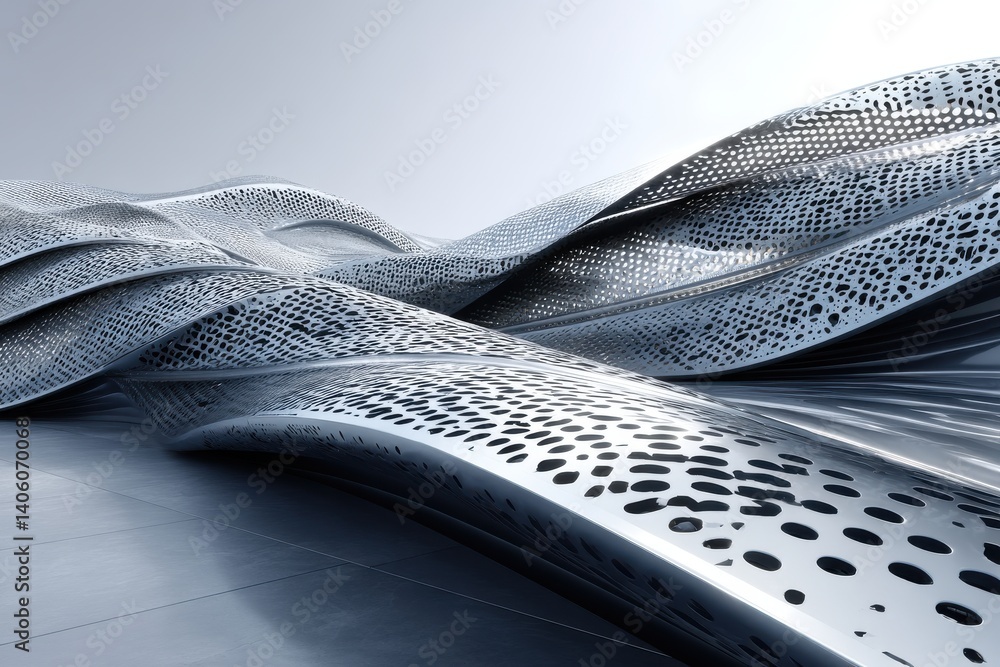 Poster a futuristic chrome surface undulates with abstract perforation, casting subtle shadows across a smo