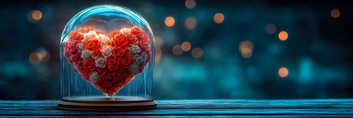 Fototapeta premium Valentine's Roses Heart: A romantic display of love, with red and white roses in a heart shape under a glass dome.