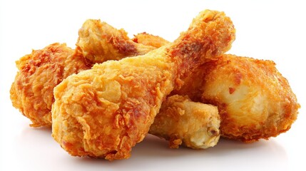 Crispy Fried Chicken Drumsticks Piled on a White Background, Perfect for Food Photography and Culinary Illustrations in Restaurant Menus and Cookbooks