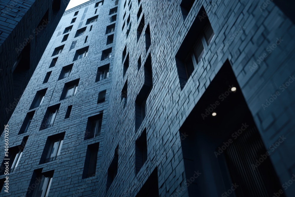 Poster modern architecture of a residential building featuring unique window placements, emphasizing a cont