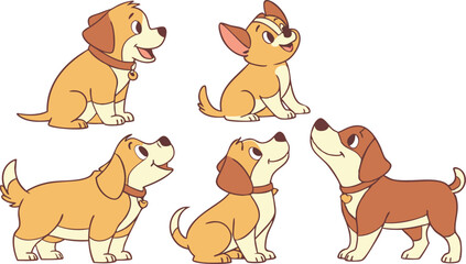 Fototapeta premium Cute Cartoon Dog Breeds Vector Set - Colorful Flat Animal Illustrations for Kids, Posters, and Pet Designs.eps