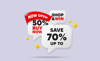Discount speech bubbles. Now open flag ribbon. Save up to 70 percent tag. Discount Sale offer price sign. Special offer symbol. Discount chat bubbles with 3d sparkles. Vector