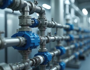 Fototapeta premium Industrial osmosis plant for water purification. Close-up of complex pipe system, blue valve details, modern engineering technology, filtration, water treatment, industrial facility.