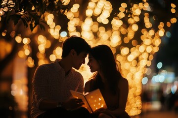Romantic evening under glowing lights with a couple sharing a book in a park