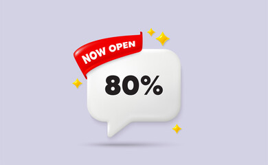 Discount chat speech bubble. Now open flag ribbon. 80 percent off sale tag. Discount offer price sign. Special offer symbol. 3d sparkle stars speech bubble. Vector