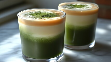 Refreshing Matcha Layered Drinks in Glass Cups with Frothy Toppings and Vibrant Green Powder