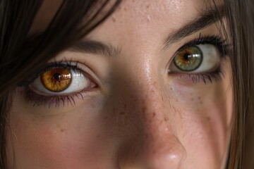 Fototapeta premium A close-up of a woman's face showing heterochromia, with one brown eye and one green eye, and freckles, creating a unique and captivating portrait shot.