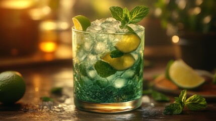 Refreshing Mojito Cocktail with Ice Mint and Lime in a Glass on a Wooden Table
