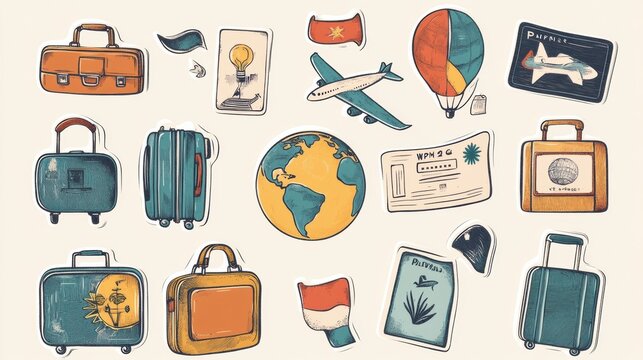 Colorful travel stickers featuring globes, flags, suitcases and boarding passes on a light vintage background for wanderlust inspiration