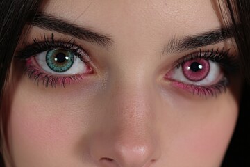 Obraz premium Close up shot of a woman's face featuring one green and one pink eye with long eyelashes, showcasing the beauty and uniqueness of heterochromia iridum.
