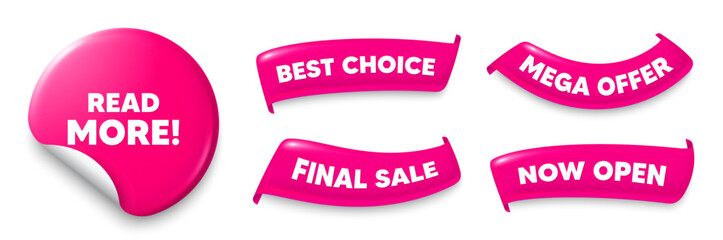 Read more sticker, Sale offer ribbons. Best choice, Now open. Read More tag. Navigation sign. Get description info symbol. Pink sticker tag. Flag ribbon banners. Discount offer banners. Vector