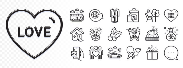 Fototapeta premium Bus travel, Santa sack and Puzzle game line icons for web app. Glare of light effect. Message icon. Pack of Honeymoon travel, Christmas holly, Mattress pictogram icons. Vector
