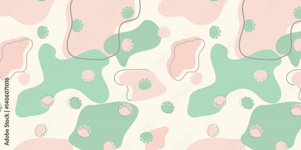 Poster scatter seamless pattern with elephant footprints and fluid shapes