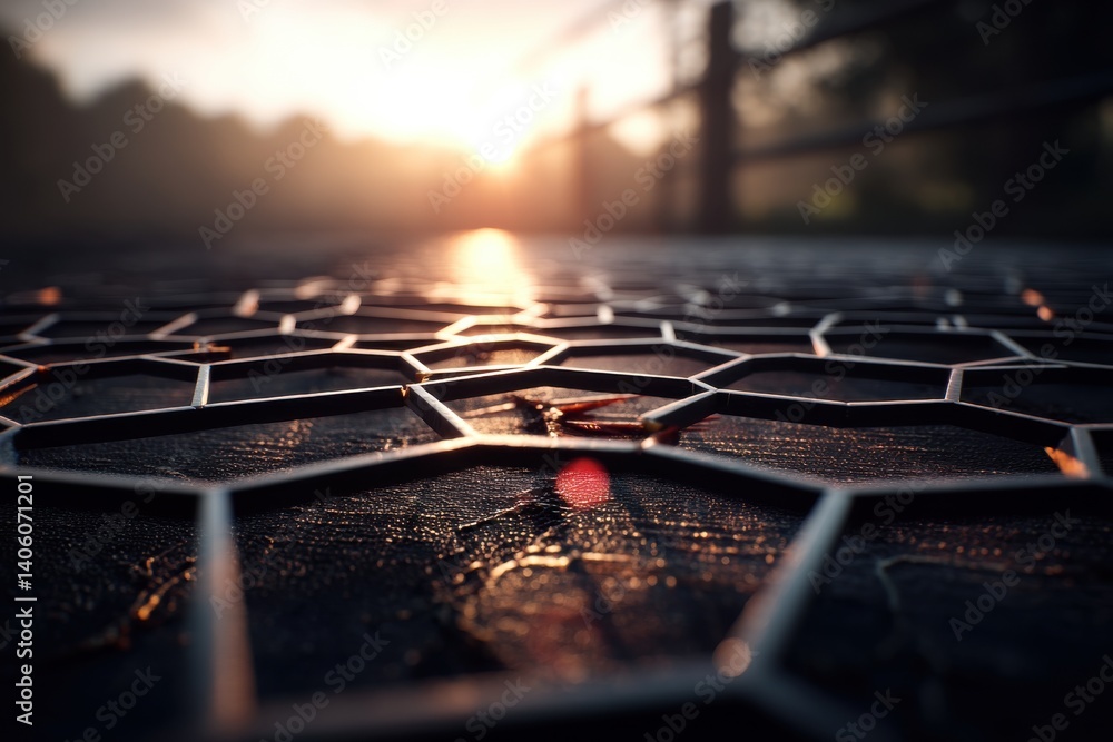 Poster abstract image of a hexagonal grid pattern with a glowing sunset in the background, evoking a sense 
