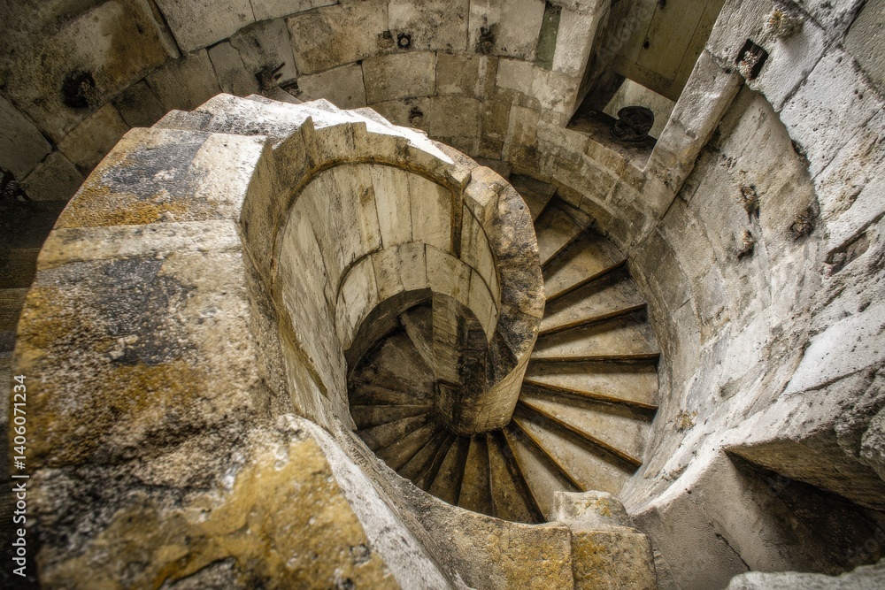 Poster an old spiral stone staircase with a weathered texture, creating a sense of history and mystery, sho