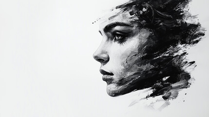 Woman face in abstract expressionist style and traditional ink wash painting