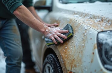 Man washes dirty car with soapy sponge during winter snowfall. Vehicle covered in mud cleaned with rag. Self service car wash station. Automotive detailing, car care maintenance, automotive industry.