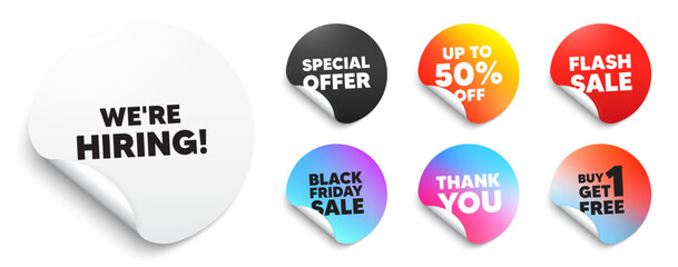 Hiring sticker tag. Special offer paper price tags. We are hiring tag. Recruitment agency sign. Hire employees symbol. Discount, black friday sticker. Promo banner. Vector