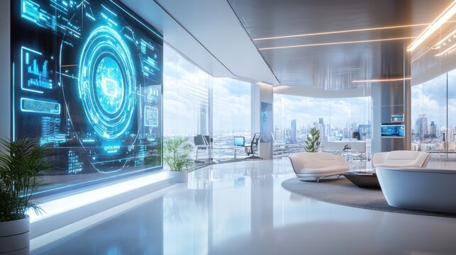 A futuristic office building with holographic projections of company logos and smart interiors.
