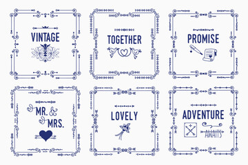 Navy blue line swirl love art deco square border pattern greeting cards frames set with message words and decorative emblem icons on light blue background