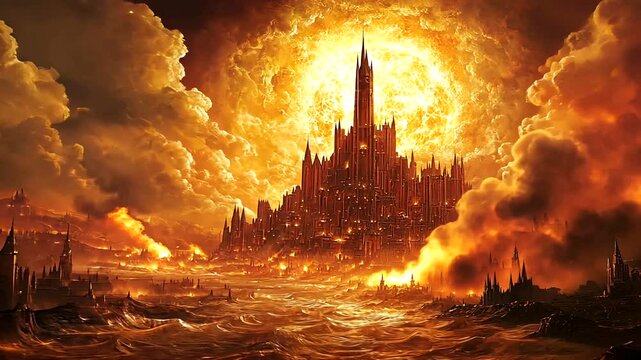 Fiery Castle Apocalypse Sun Explodes, City Burns