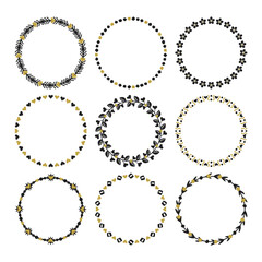 Cute blank spring black and golden heart and floral round wreaths and circle border decorative patterns emblems, badges, stamps and and design elements set for frameworks