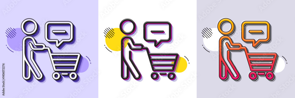 Poster buyer with shopping cart line icon. halftone dotted pattern. gradient icon with grain shadow. custom