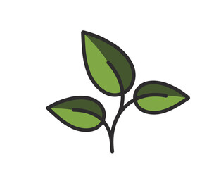 Curved plant sprout with three leaves illustration in green colors. Spring, planting and nature design element. Isolated vector image