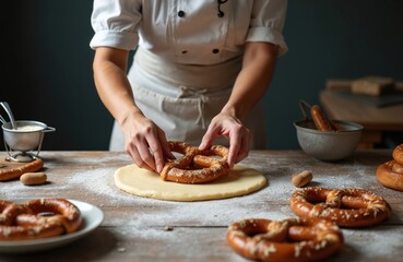 Baker forms pretzel, placing on flattened dough. Freshly baked pretzels on table. Wheat flour, kitchen background. Baking preparation, artisan food concept. Homemade pastry, cooking bread, pretzels