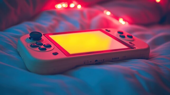 Handheld gaming device glowing with vibrant colors resting on a soft surface under ambient lig