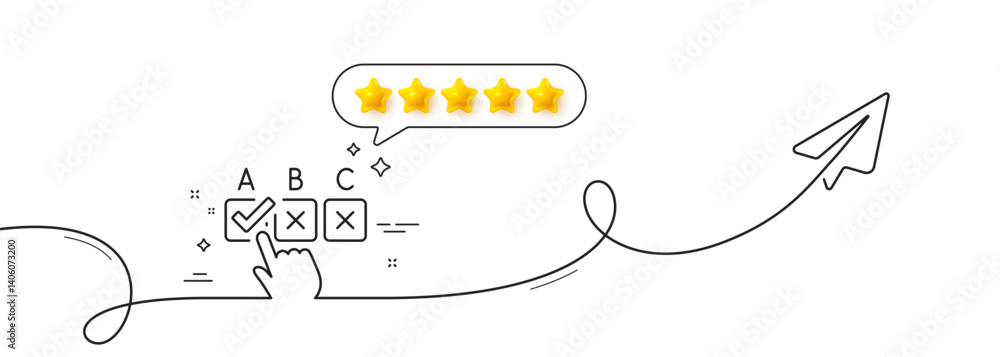 Poster correct checkbox line icon. continuous line with share plane. select answer sign. business test symb