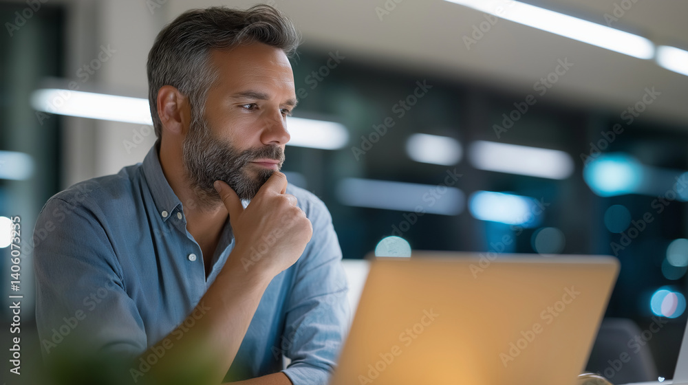 Poster accountant analyzing data in a focused office environment