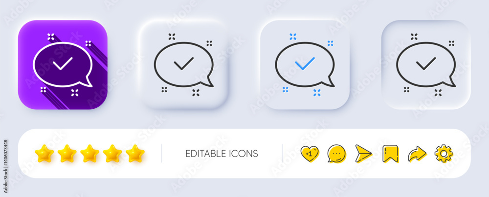Poster check mark line icon. neumorphic, flat shadow, 3d buttons. approved sign. speech bubble chat symbol.