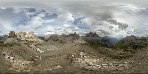 360 panoramic image of mountain peak Sextenstein, with a view on Tre Cime di Lavaredo