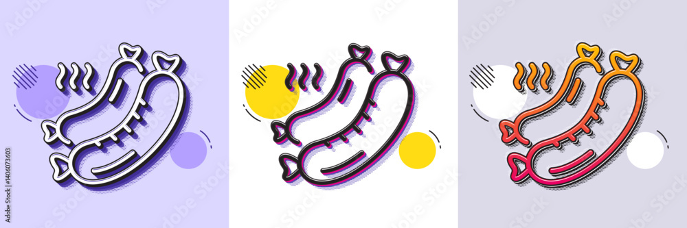 Poster grilled sausage line icon. halftone dotted pattern. gradient icon with grain shadow. barbecue meat f