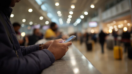 Airport ticket check in a busy terminal with travelers and flight details