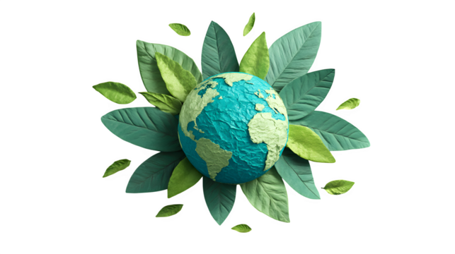 3D illustration of Earth made from textured paper, surrounded by fresh green leaves, eco-friendly planet concept, top-down view, clean turquoise background, high detail, natural lighting, minimal 