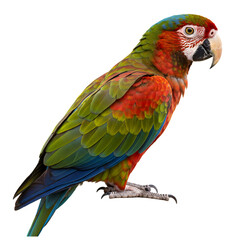 A vibrant parrot perched calmly with wings closed, facing sideways, beautiful feathers in bright colors, isolated on a white background for editorial or product use
