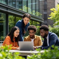 asian and african american young people in diverse business group checking the computer together outdoors in a green and sunny environment